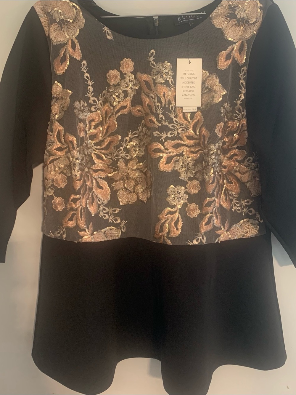 Eloquii Black Top with Gold Floral Embroidery